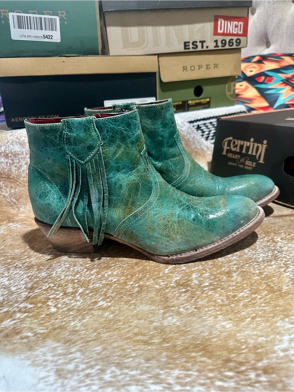 Ferrini Teal Leather Fringe Ankle Boots